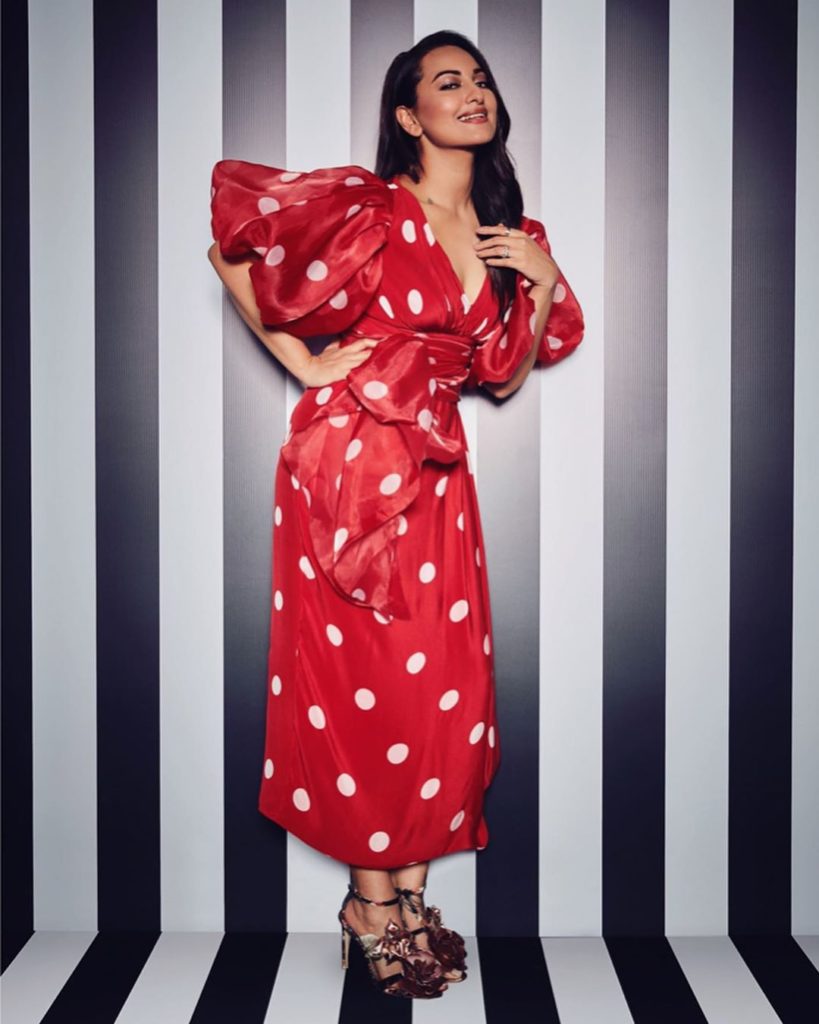bollywood actress sonakshi sinha in polka dot red dress hot beautiful looking