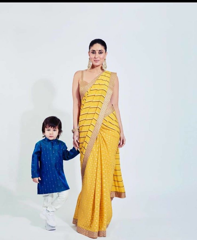 kareena kapoor khan in yellow sari with son taimoor ali khan pataudi
